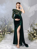 Maternity One Shoulder Split Mermaid Hem Contrast Sequin Velvet Evening Dress