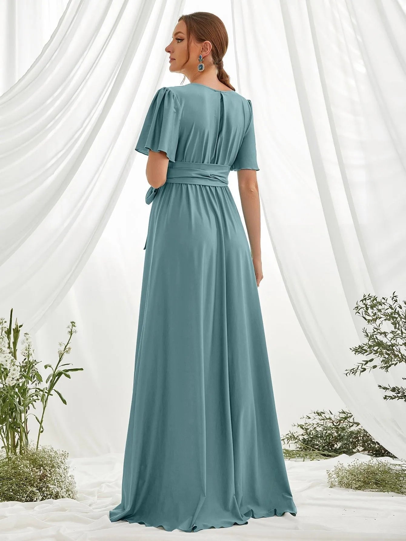 Maternity Surplice Neck Butterfly Sleeve Belted Dress - Elonnashop