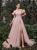 Elegant Off Shoulder Ruched Bust Split Thigh Tulle Evening Dress - Elonnashop