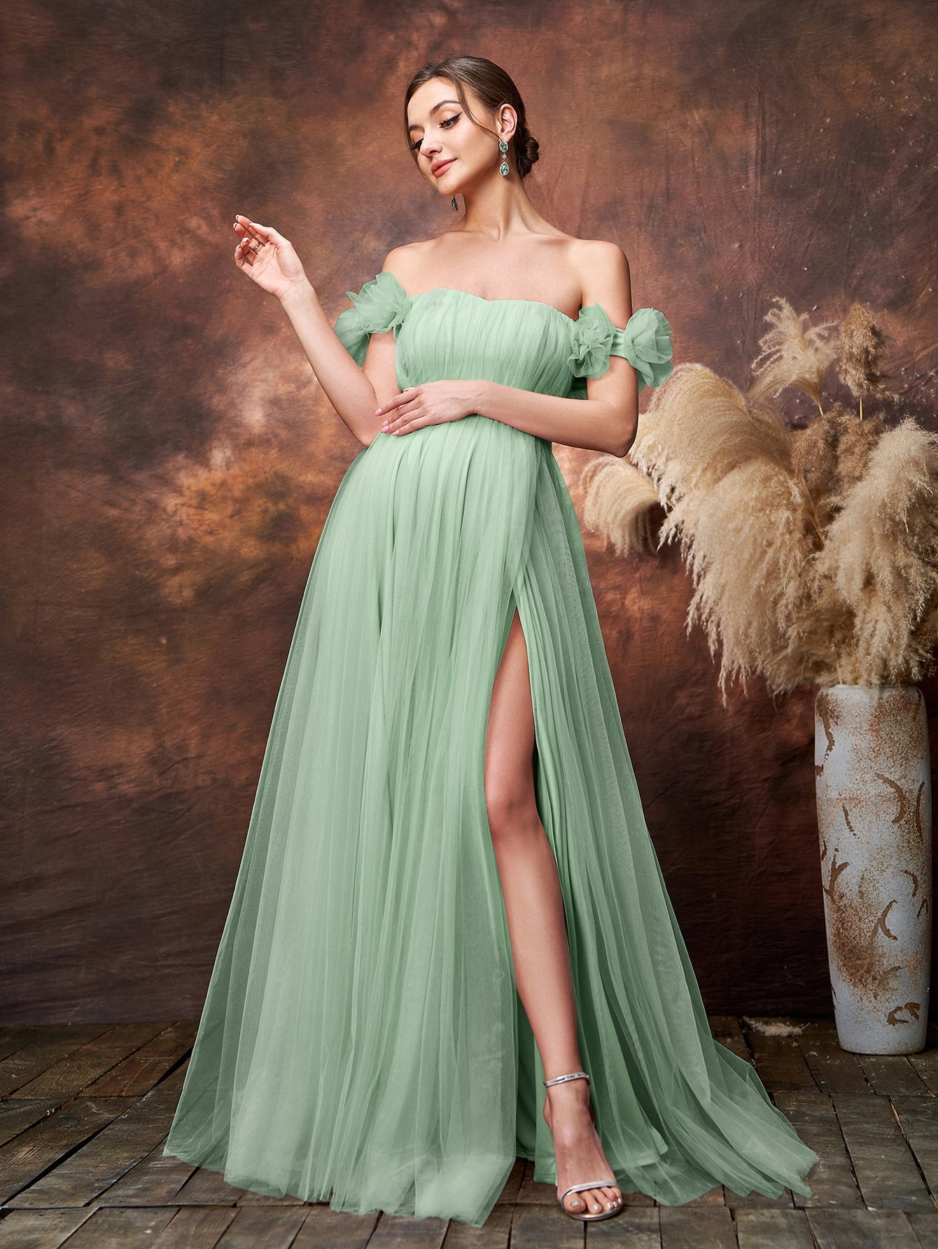 Maternity Off Shoulder Ruched Bust Split Tulle Evening Dress