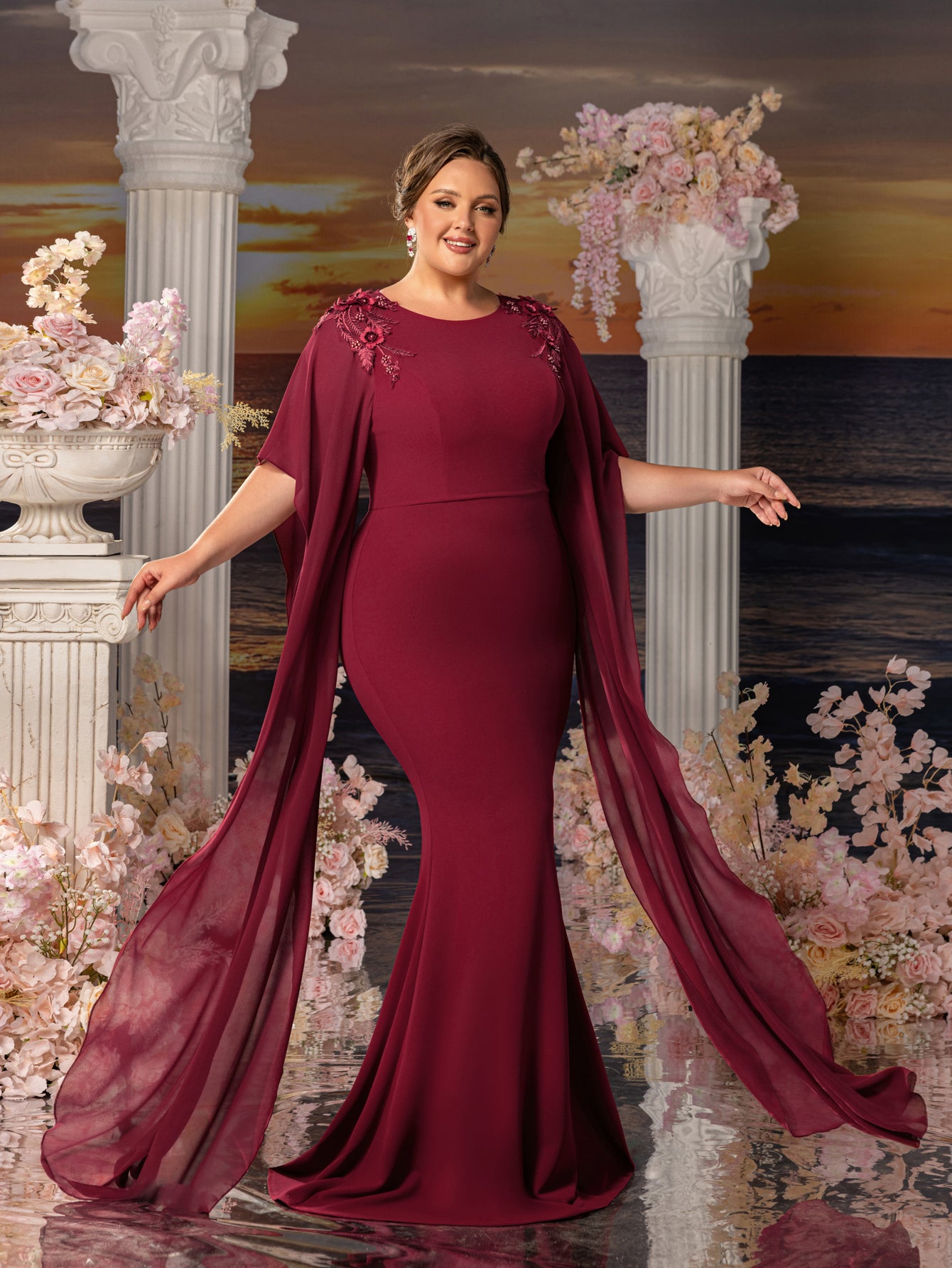 Plus Womens' Mermaid Silhouette Formal Dress with Flared Chiffon Sleeves & Floral Appliqué Detailing