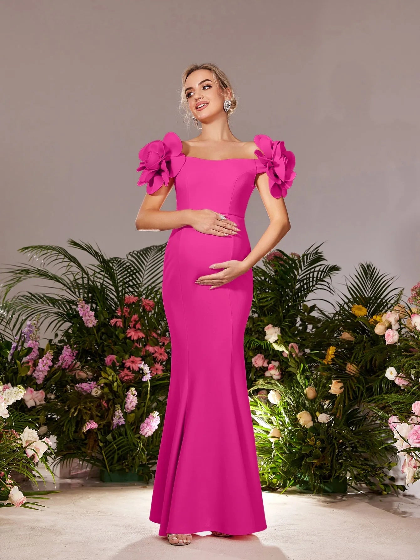 Maternity  Stereo Flower Off Shoulder Mermaid Hem Evening Dress