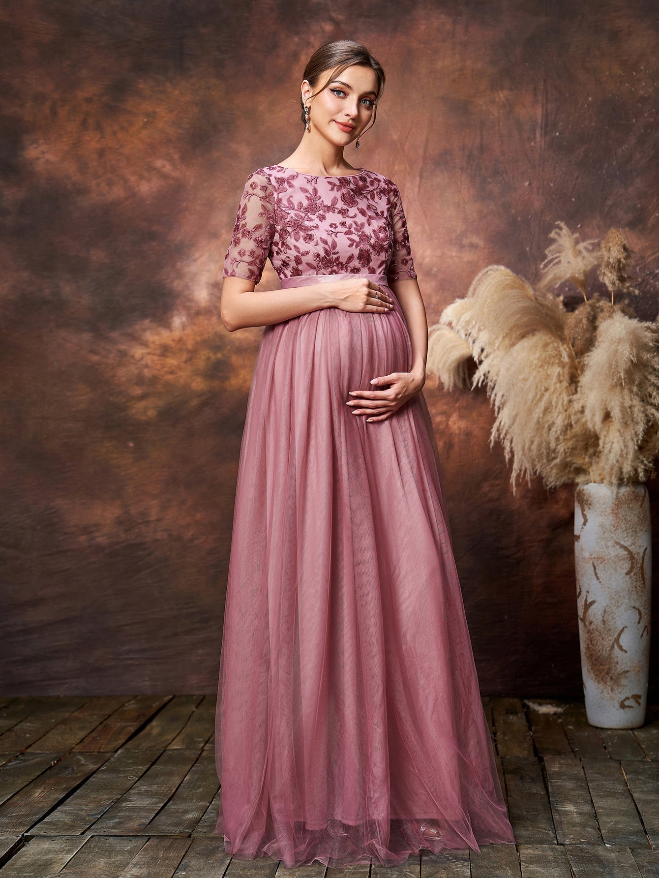 Maternity Floral Sequin Embroidered Bodice Formal Party Dress