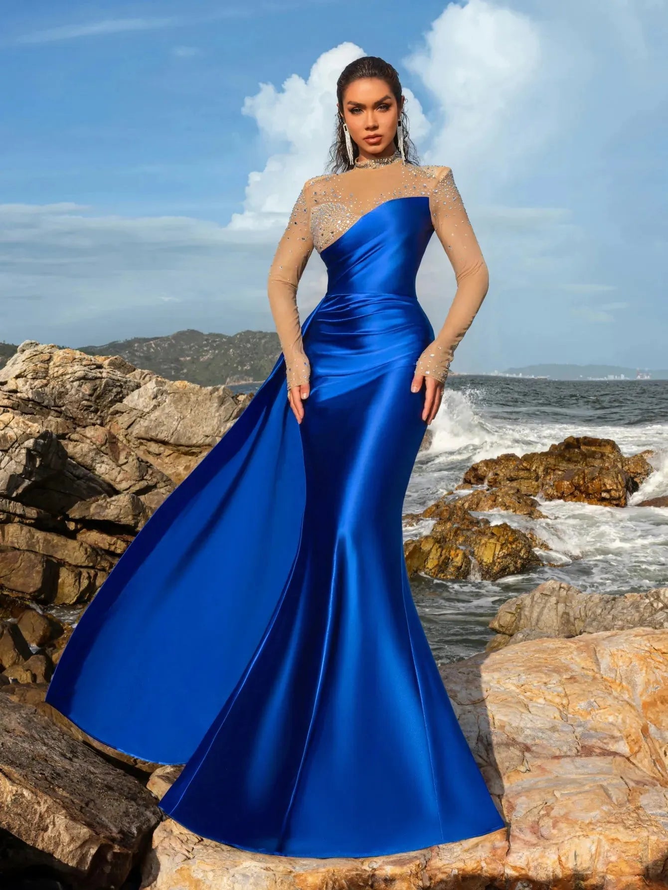 Rhinestone Detail Mock Neck Satin Mermaid Prom Dress