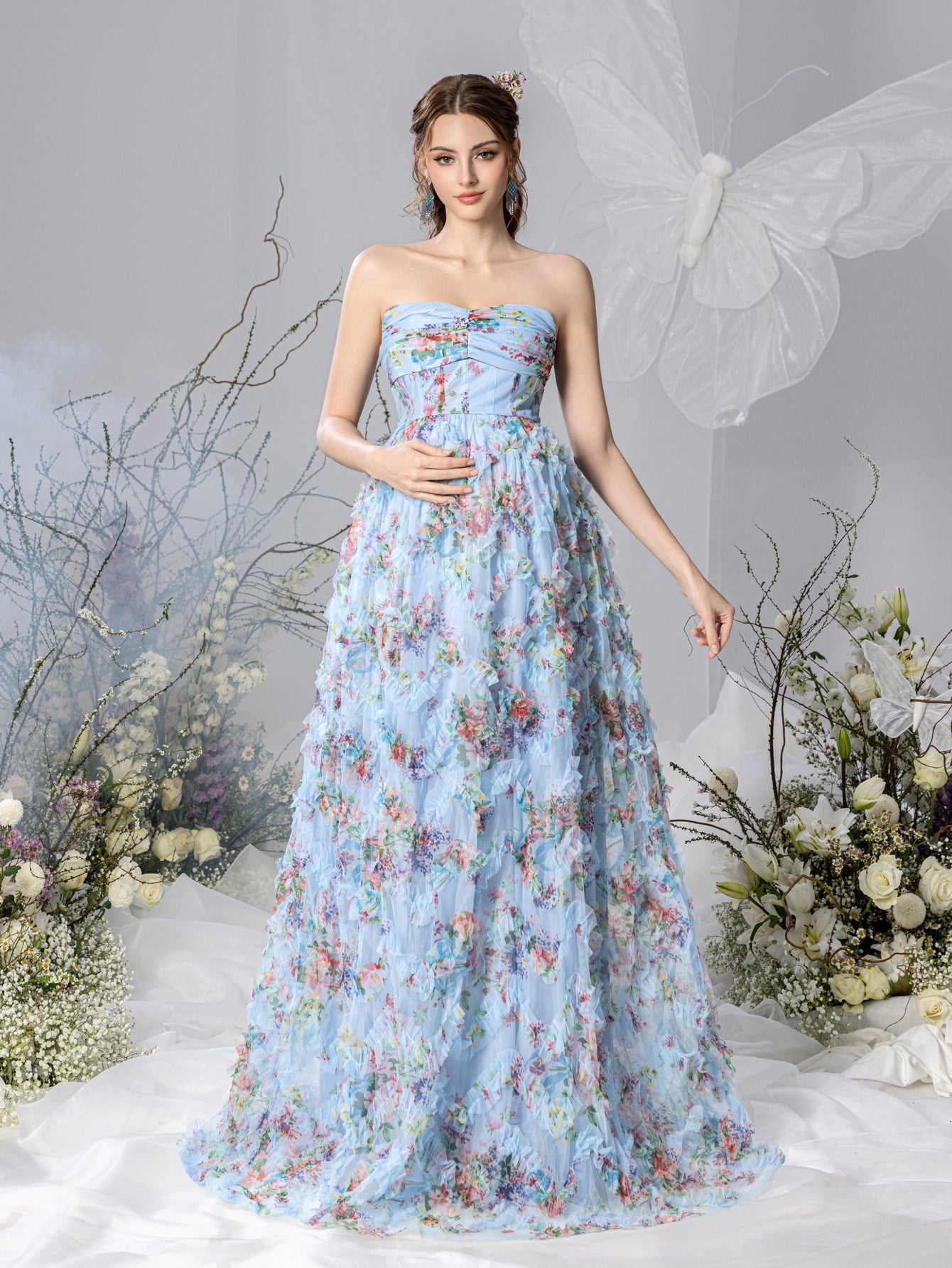 Maternity Strapless Ruffle Trim Floral Mesh Party Dress