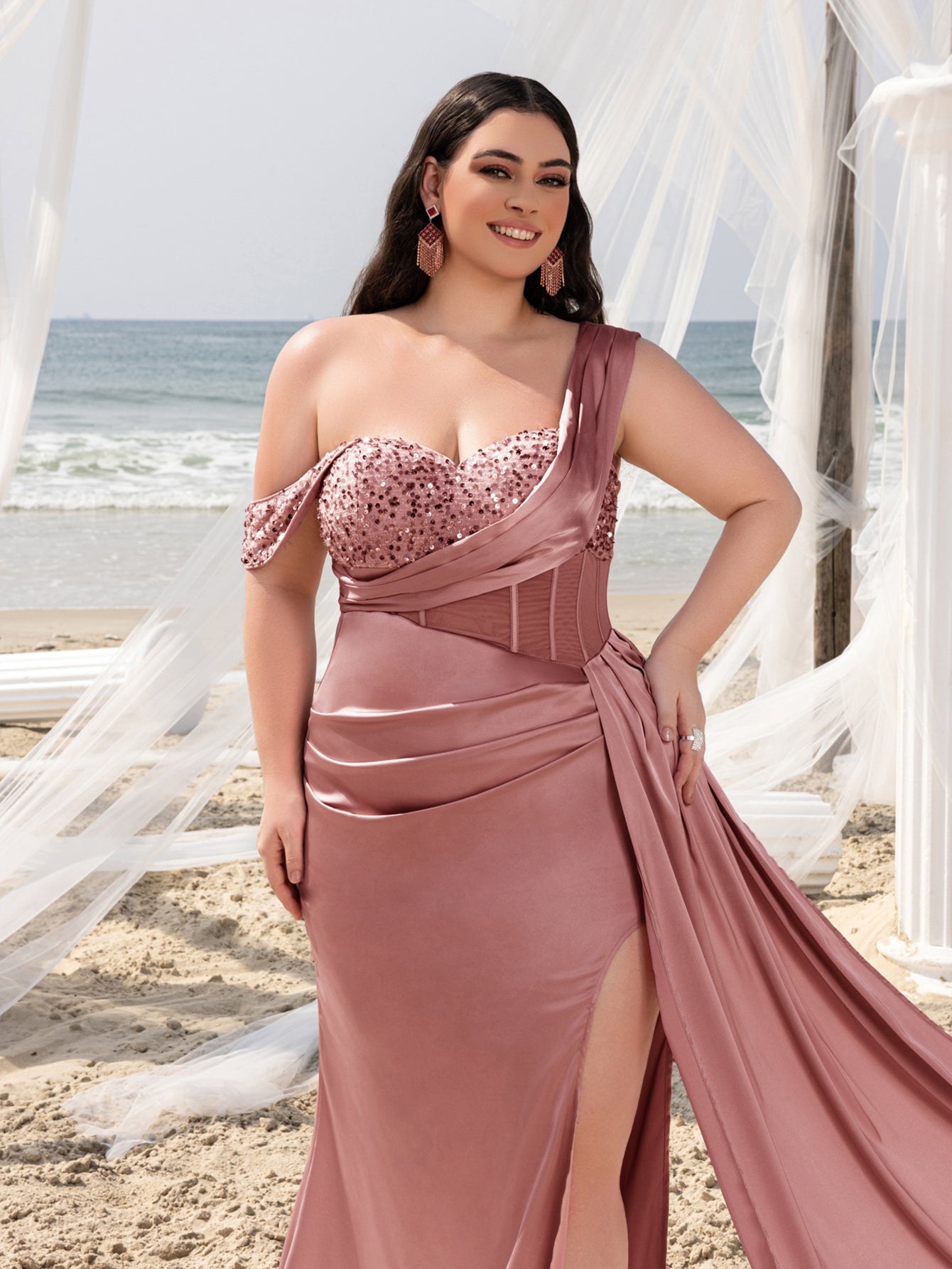 Plus Elegant Asymmetrical Neck Split Mermaid Hem Satin Evening Dress
