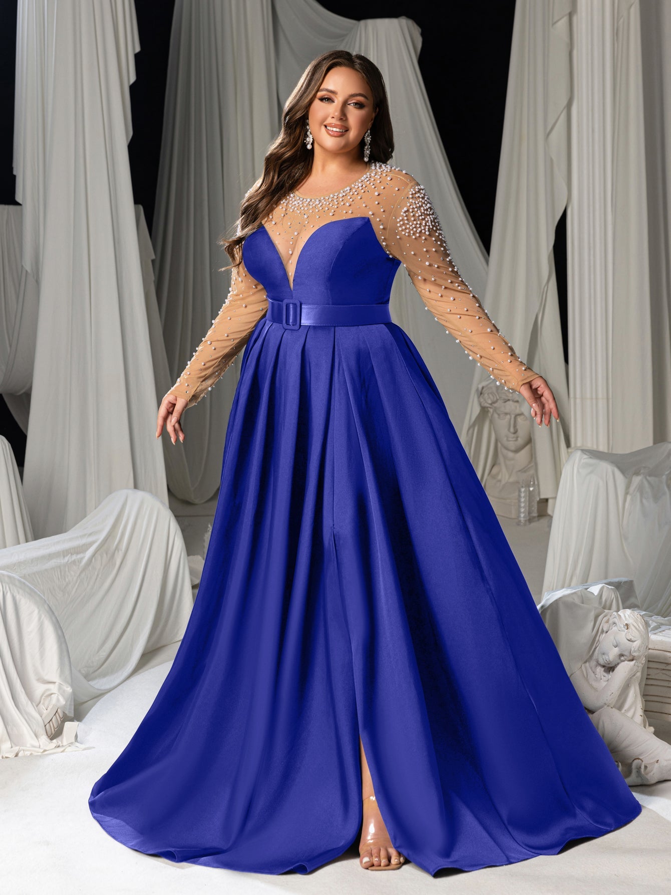 Plus Size Pearl Decoration Sheer Sleeves Satin Evening Gown - Formal Dress with Sash Waist