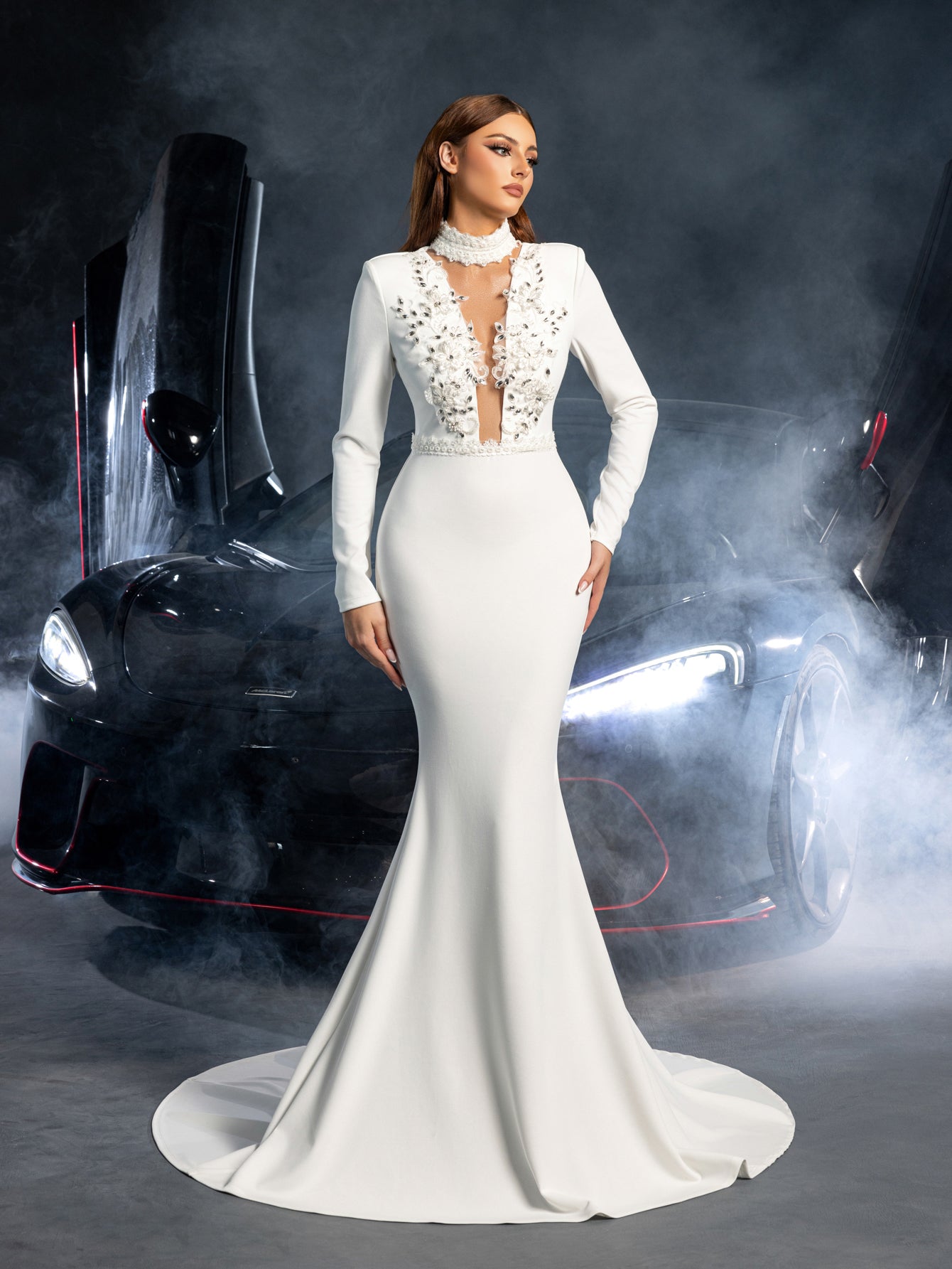 Elegant Applique Embellished Mock Neck Long Sleeves Mermaid Hem Wedding Dress