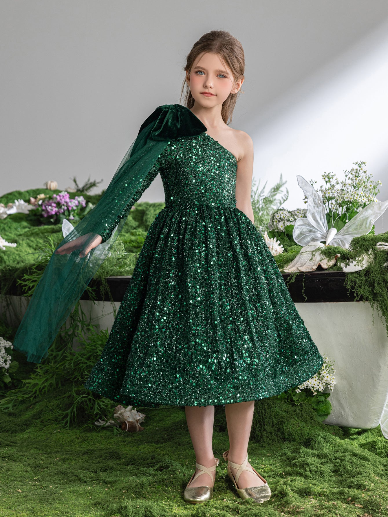 Tween Mädchen-Partykleid mit One-Shoulder-Schleife und Pailletten 