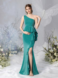 Maternity One Shoulder Ruffle Trim Slit Mermaid Dress