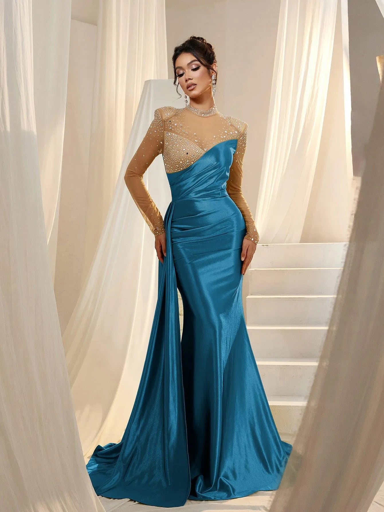 Rhinestone Detail Mock Neck Satin Mermaid Prom Dress - Elonnashop