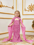 Young Girls' Mock Neck Cape Sleeves Sequin Party Dress