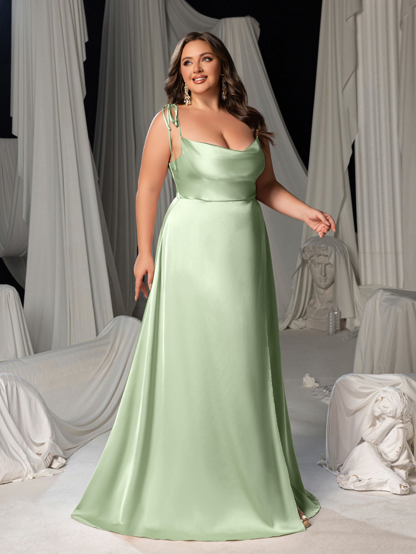 Plus Satin Spaghetti Straps Formal Evening Dress with High Slit