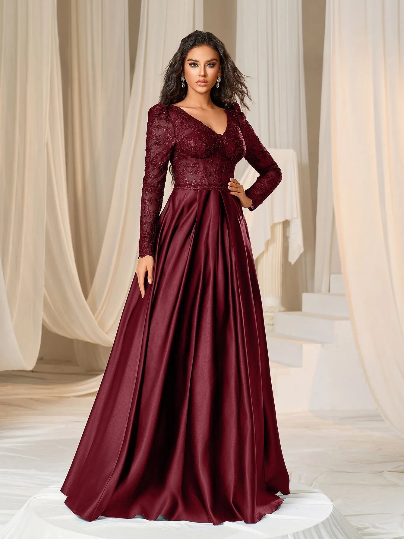 Elegant V Neck Lace Bodice Satin A-line Prom Dress