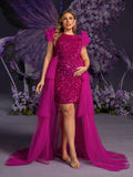 Plus Maternity Sequin Gown with Ruffled Tulle Shoulders & High-Low Skirt – Glamorous 1XL-3XL Pregnancy Photoshoot Dress