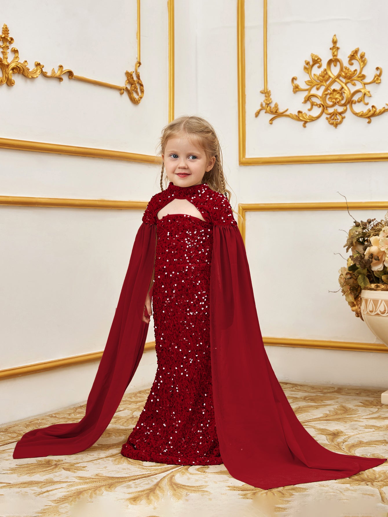 Young Girls' Mock Neck Cape Sleeves Sequin Party Dress