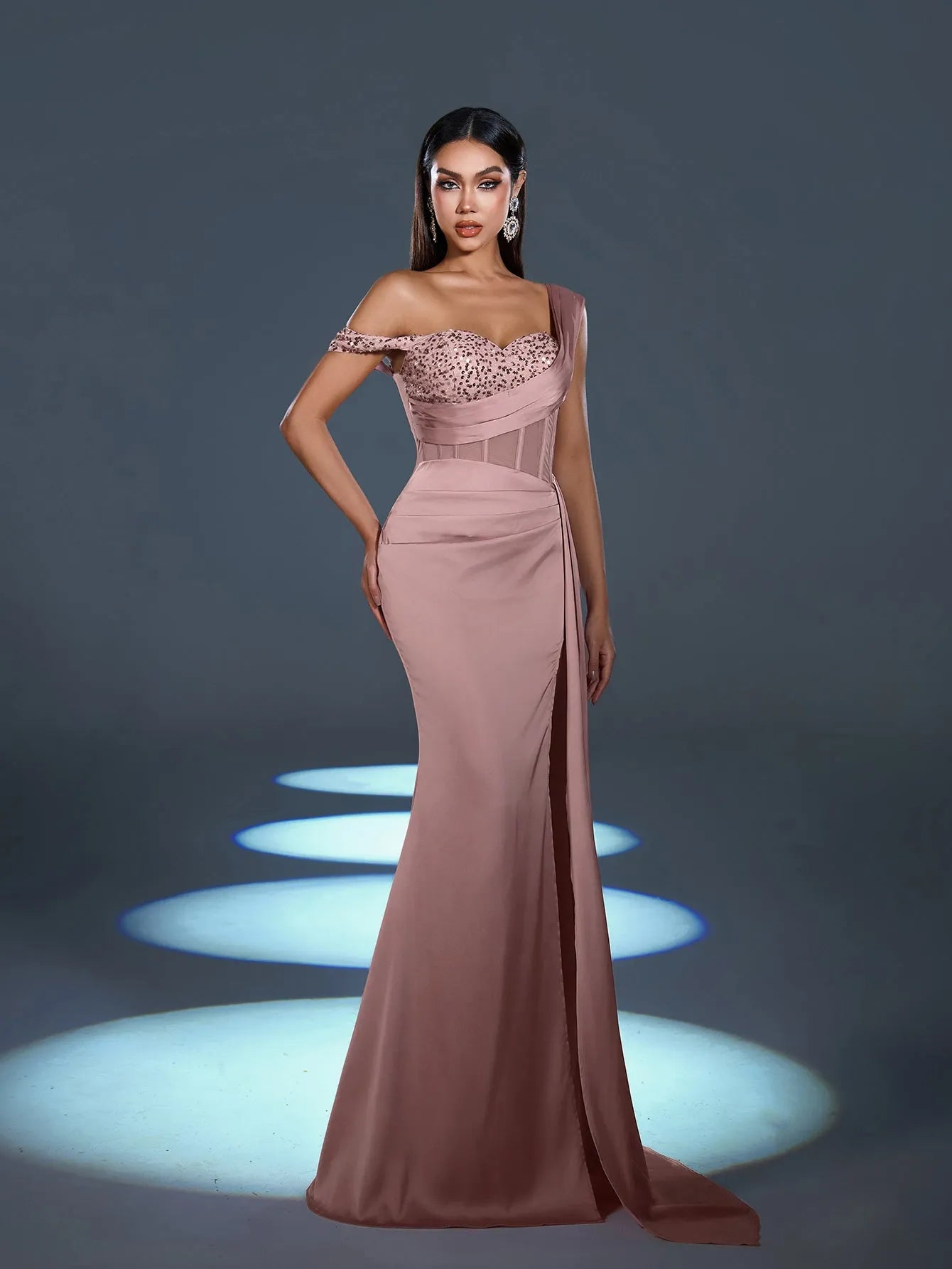 Elegant Asymmetrical Neck Split Mermaid Hem Satin Evening Dress