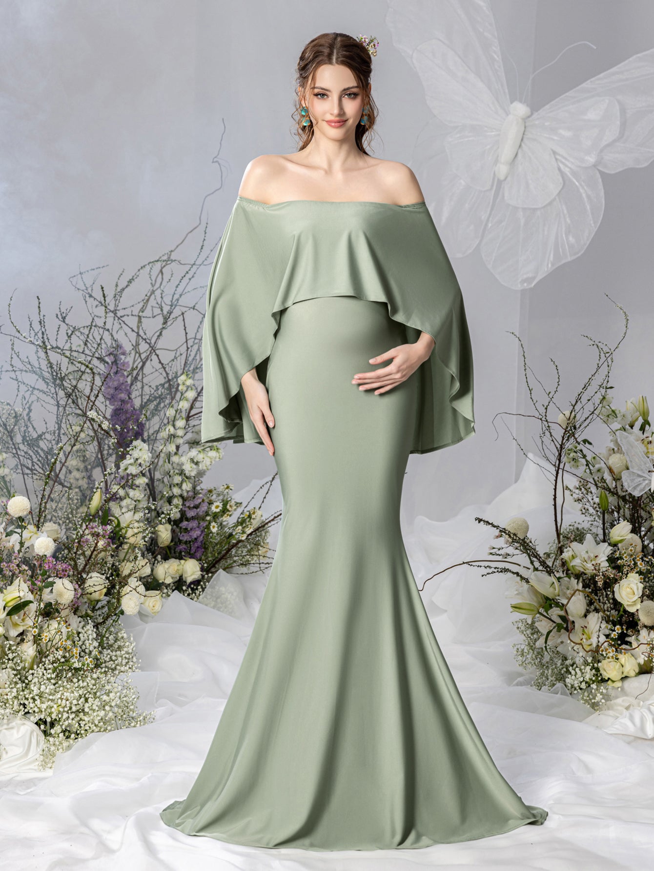 Maternity Off Shoulder Cape Sleeves Mermaid Hem Evening Dress