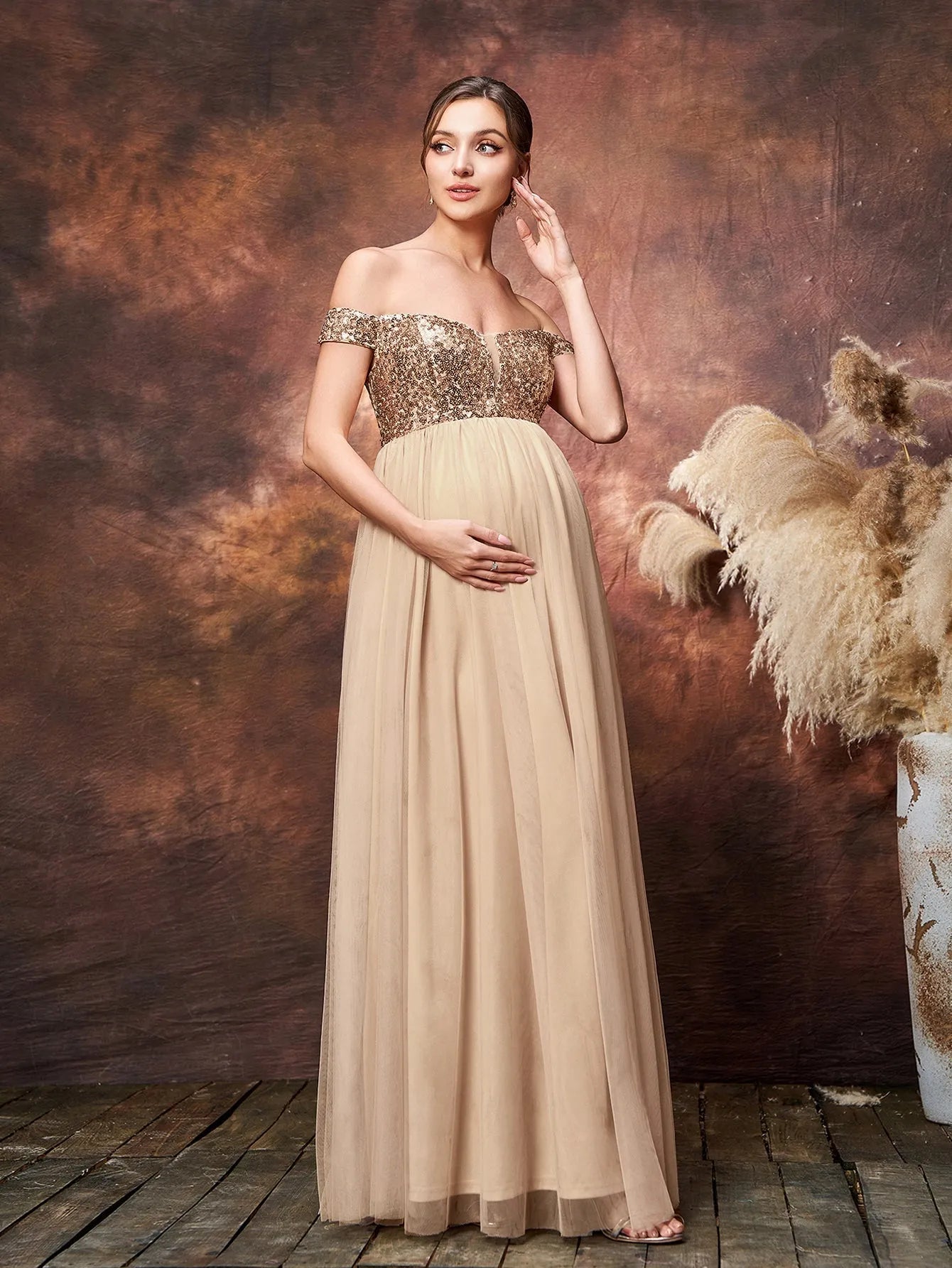 Maternity Off Shoulder Sweetheart Neckline Sequin Formal Dress