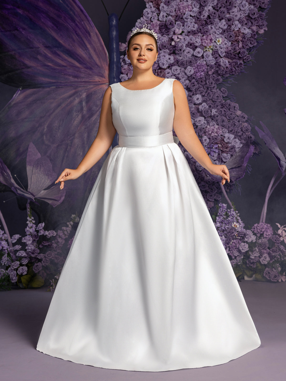 Plus Boat Neck Backless Satin A-line Wedding Dress