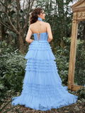 Gorgeous Strapless Cascading Ruffles Hem Tulle Prom Dress - Elonnashop