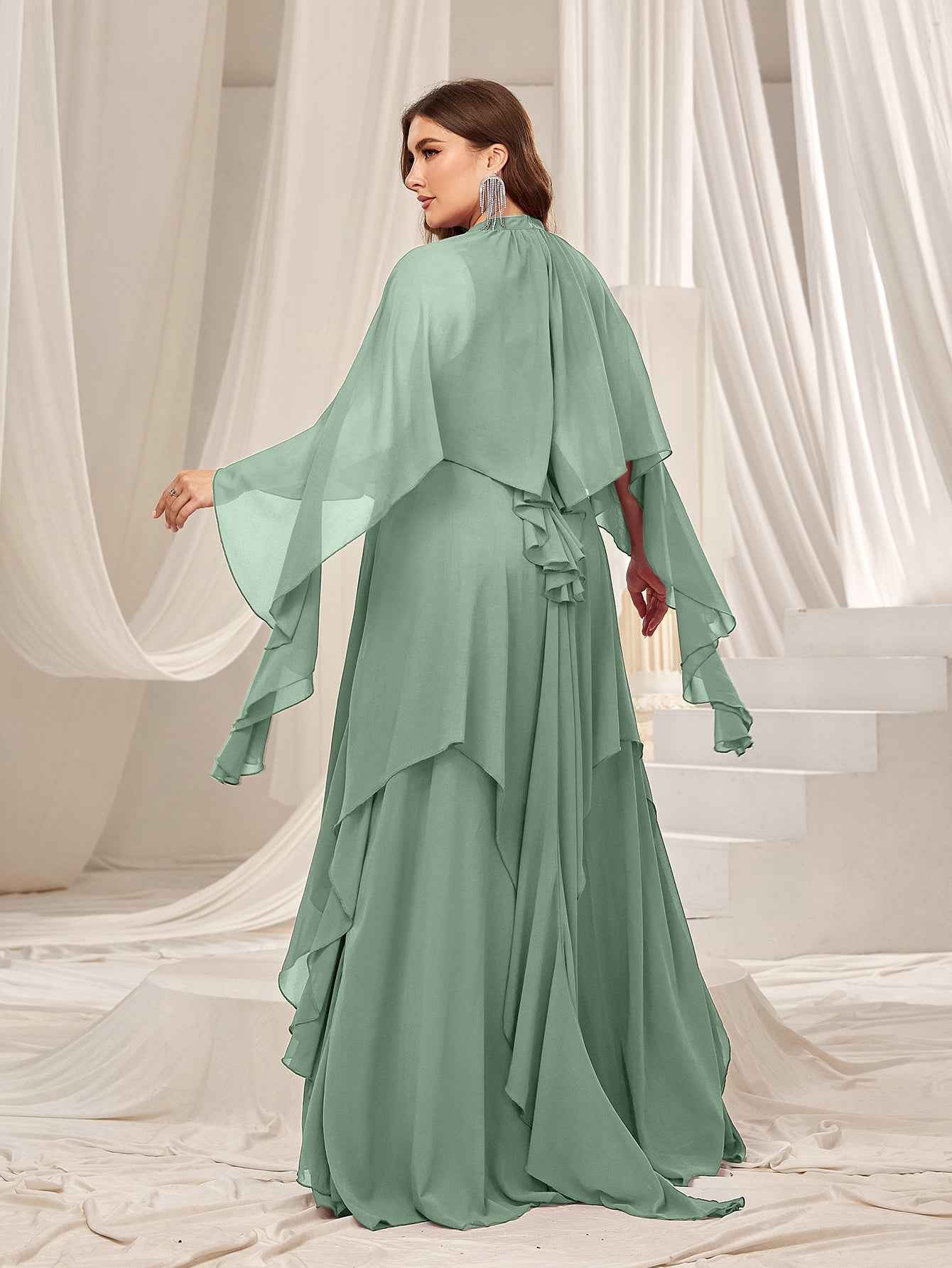 Plus Mock Neck Layered Hem Chiffon Evening Dress