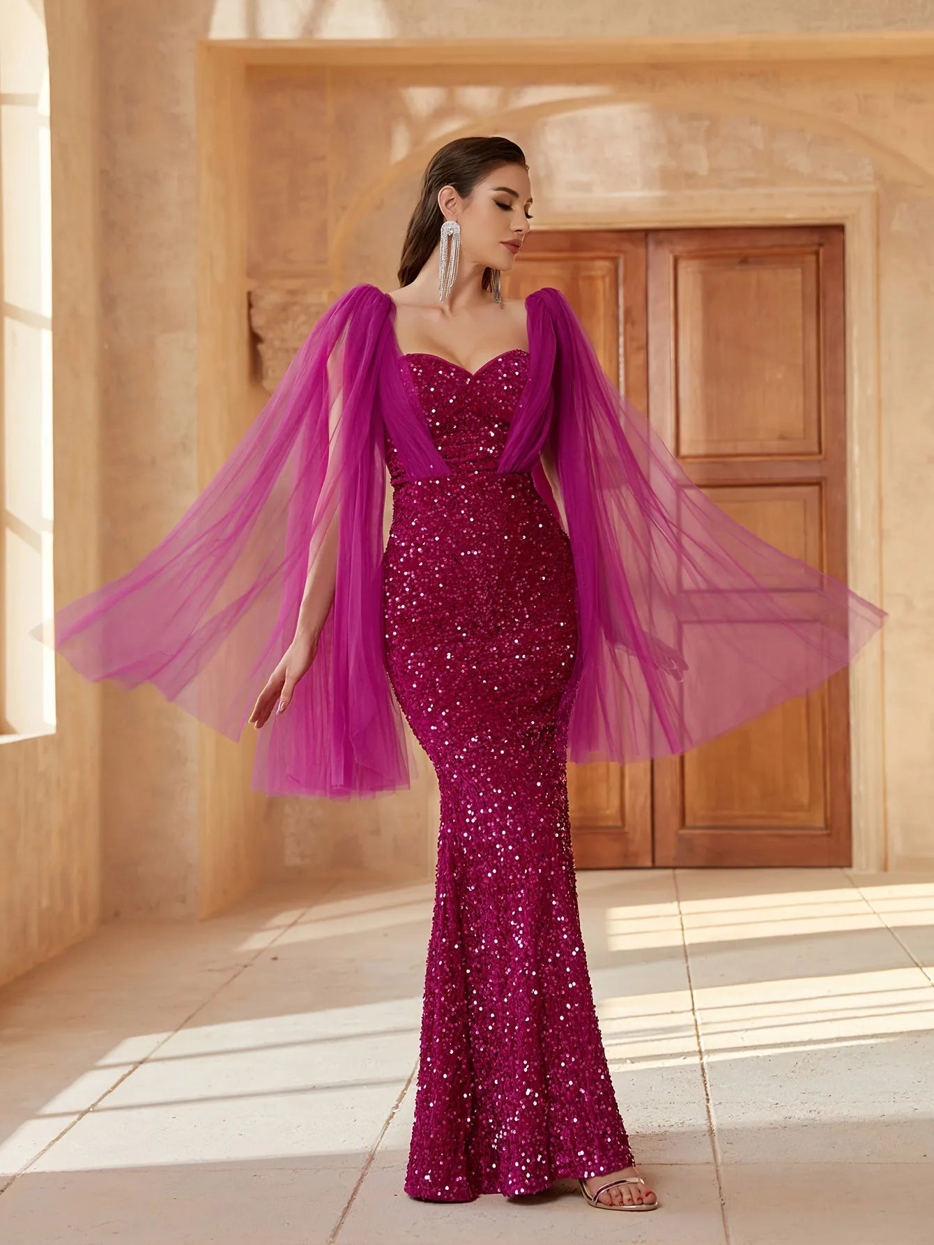 Elegant Mesh Overlay Mermaid Hem Sequin Tube Evening Dress