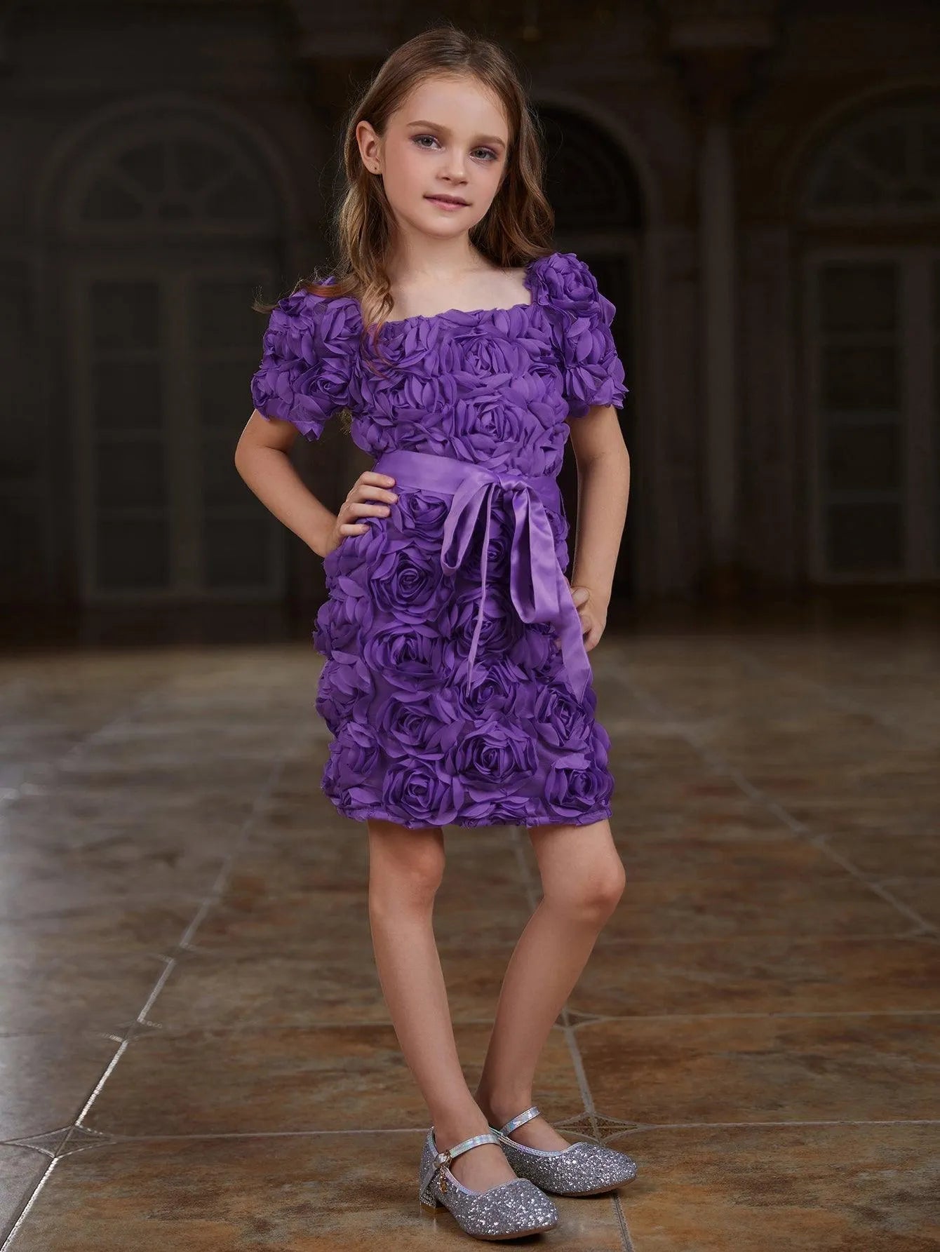 Tween Girls' Square Neck Short Sleeve Applique Dress - Elonnashop