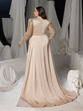 Plus Luxury Sequin Sleeves Mock Neck Ruched Front Mermaid Hem Formal Dress