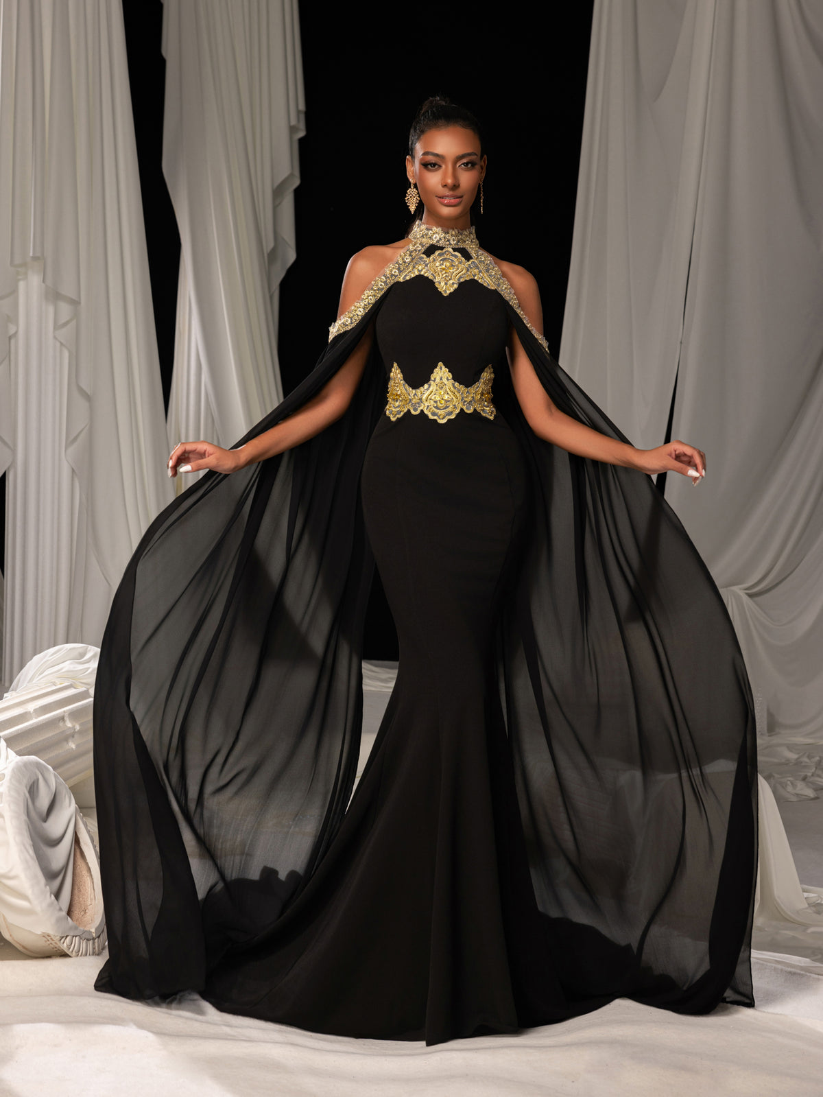 Luxurious Mermaid Gown with Flowing Cape & Gold Embellishments for Red Carpet or Luxury Weddings, XS-XL