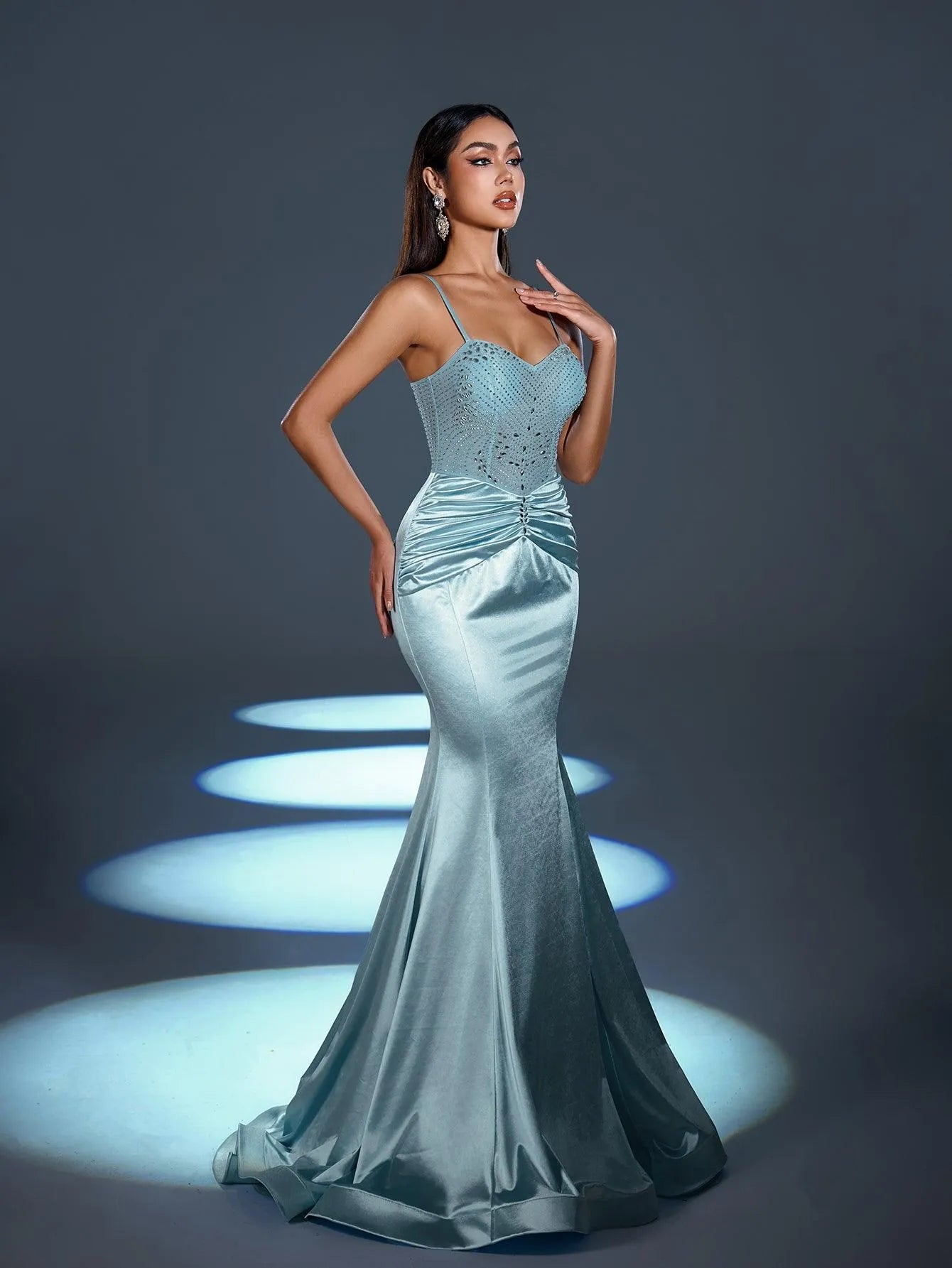 Rhinestone Detail Spaghetti Straps Satin Mermaid Dress - Elonnashop