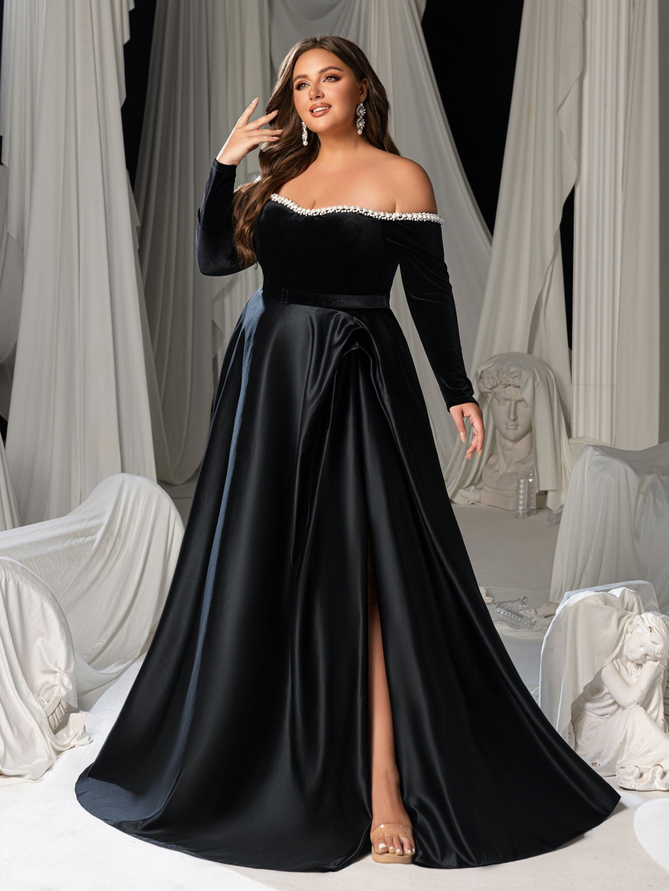 Plus Women's Pearl Accented Off-The-Shoulder Formal Gown | Long Sleeves | Defined Waist Belt | Full Flared Skirt