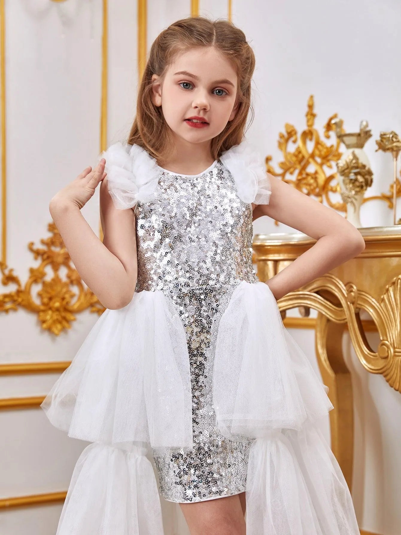 Tween Girls' Sleeveless Mesh Layered Hem Sequin Party Dress - Elonnashop