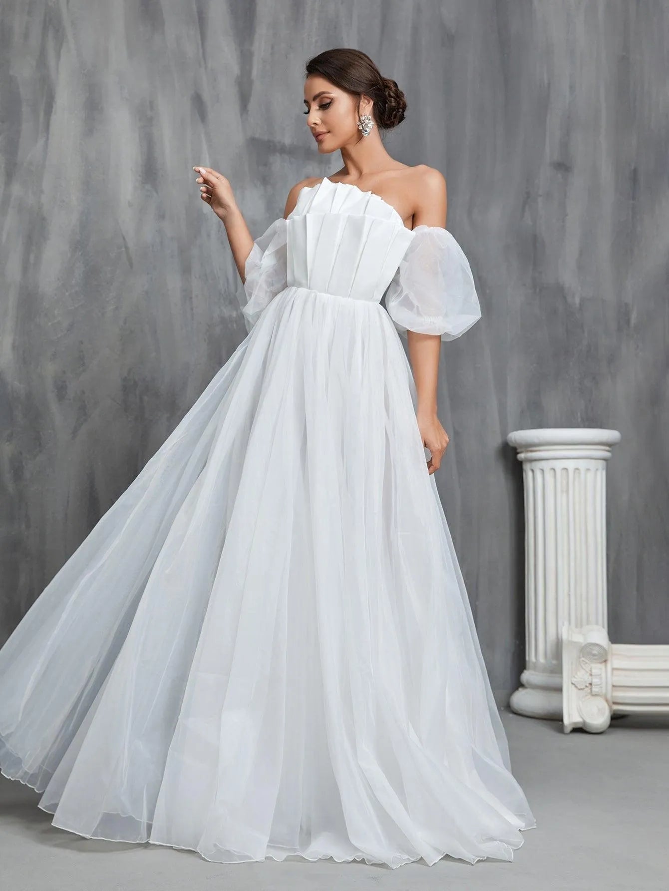 Off Shoulder Pleated Front Puff Sleeve Wedding Dresses - Elonnashop