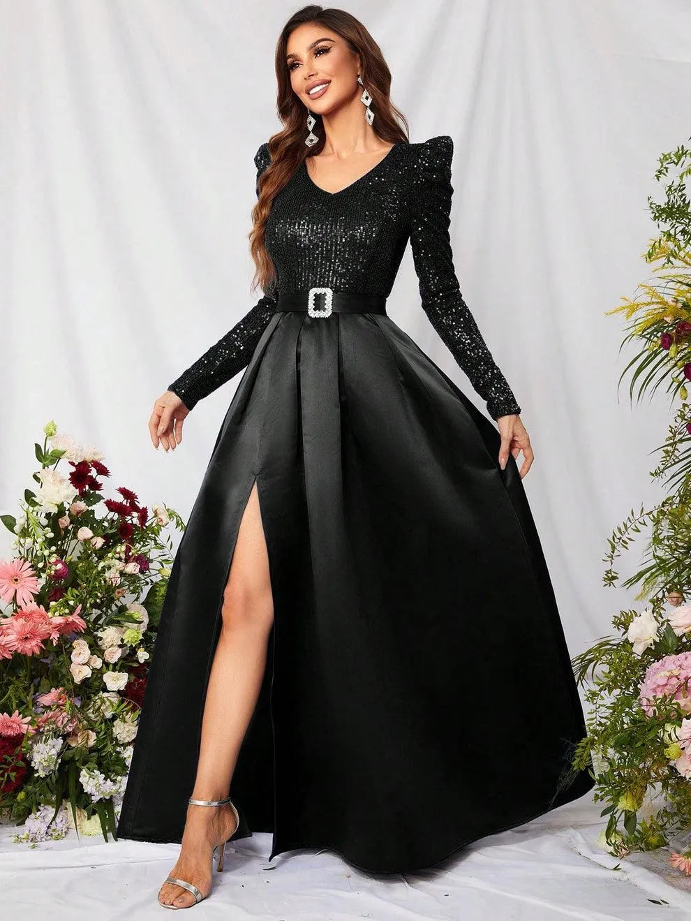 Elegant V Neck Gigot Sleeve Slit A Line Prom Dress - Elonnashop