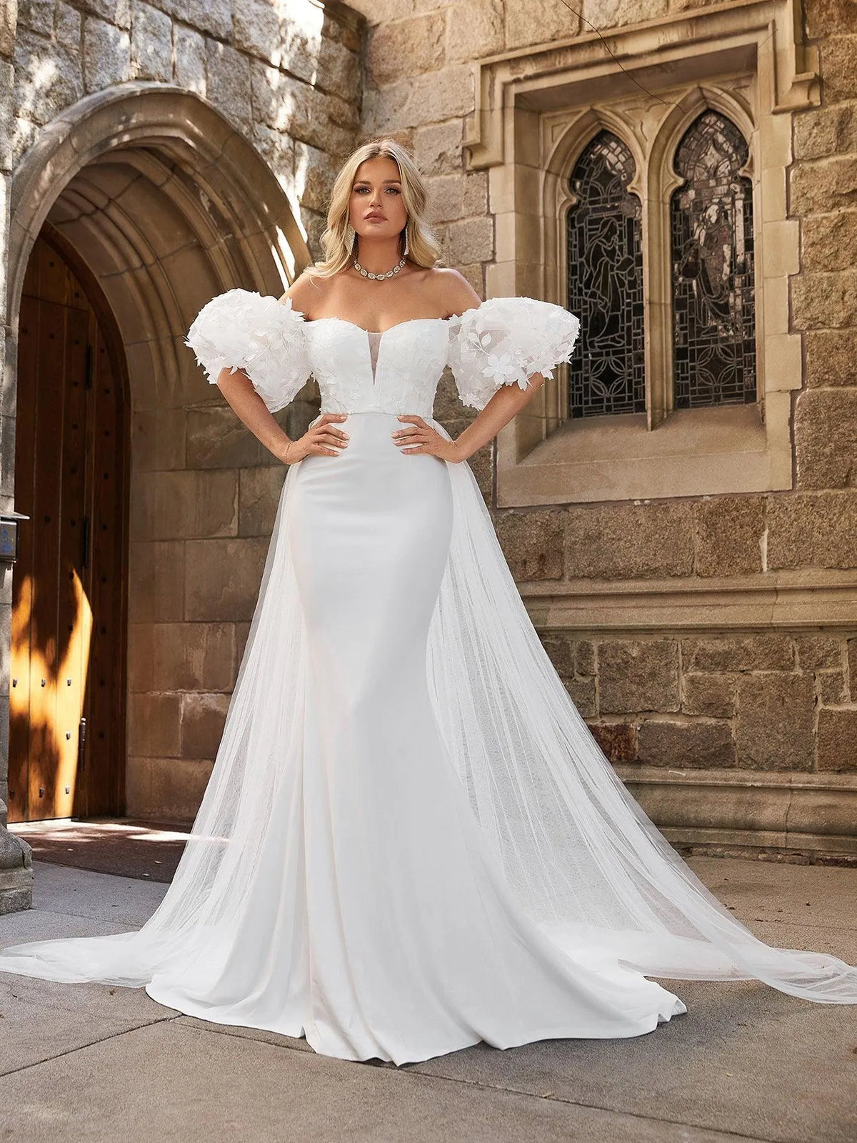 Off Shoulder Puff Sleeves Mesh Overlay Wedding Dress - Elonnashop