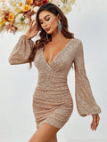 Surplice Neck Lantern Sleeve Sequin Bodycon Dress - Elonnashop