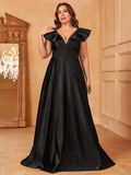 Plus Ruffle Trim Deep V Neck Satin Formal Dress - Elonnashop