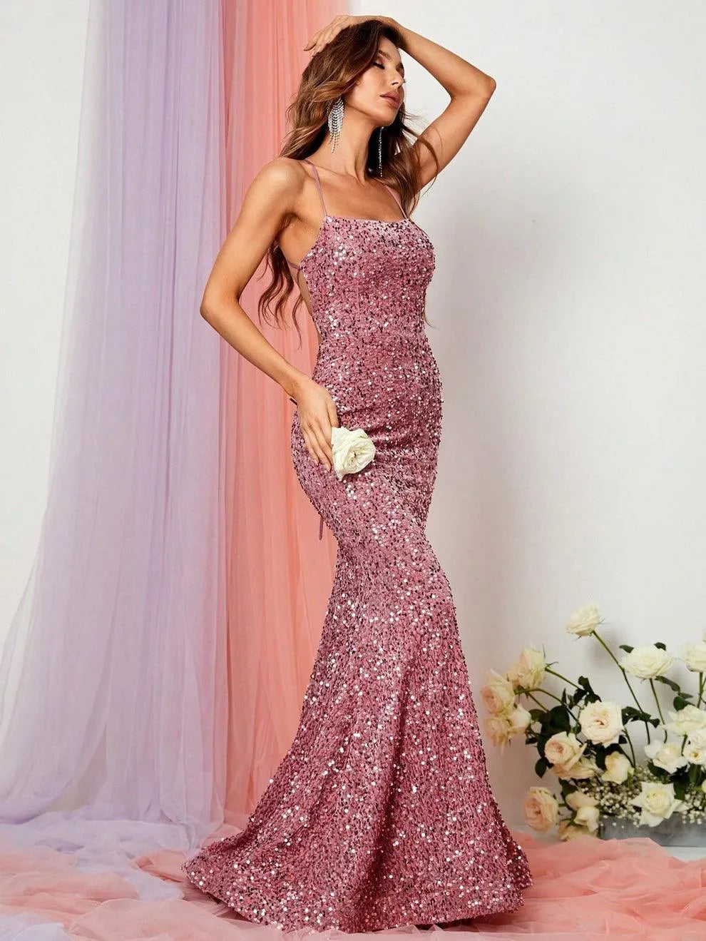 Spaghetti Strap Lace Up Back Sequin Mermaid Dress - Elonnashop