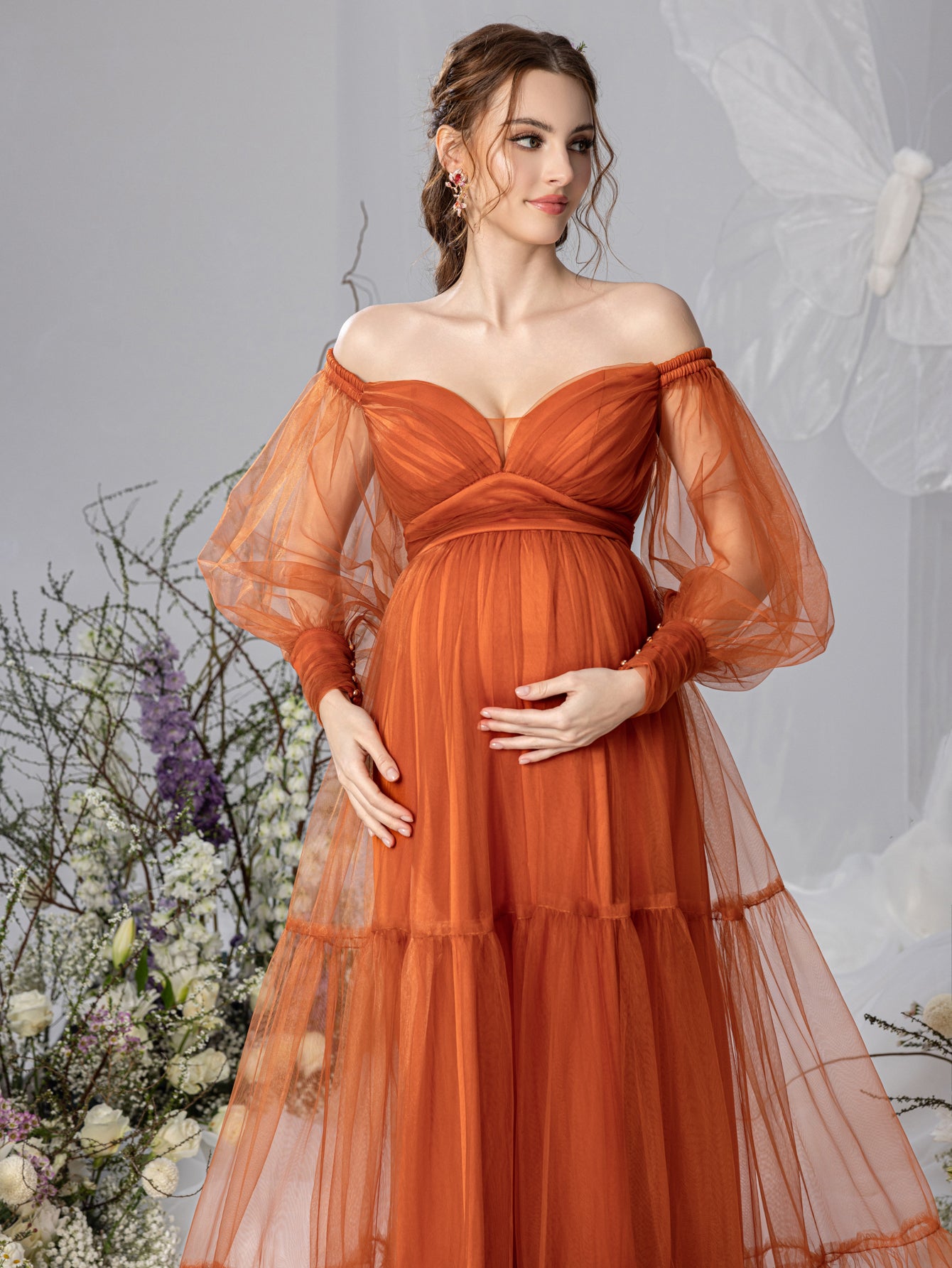 Maternity Off Shoulder Bishop Sleeves Layered Tulle Photography Dress