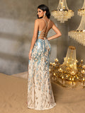 Elegant Spaghetti Strap Sleeveless Evening Gown with Crisscross Back Straps, High Thigh Slit, Patterned Wave Sequin Embellishments | Long Floor-Length Formal Dress for Special Occasions
