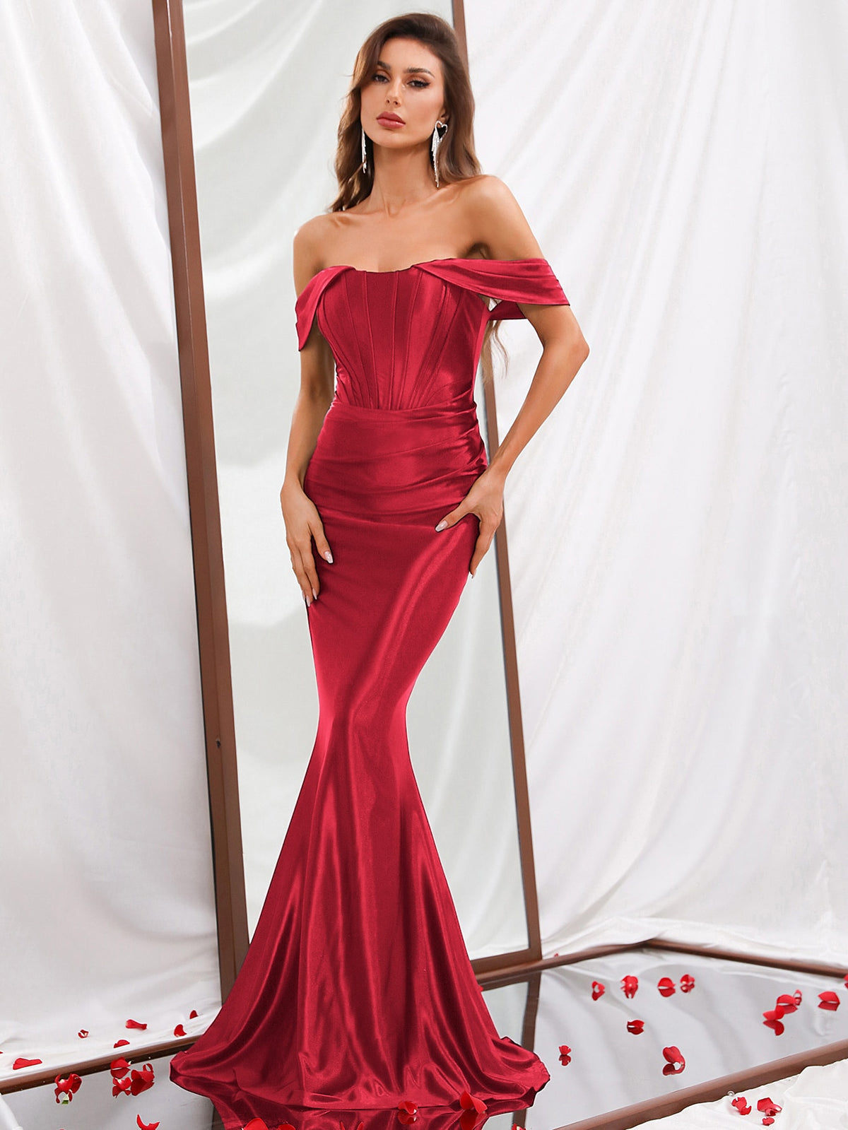 Off Shoulder Mermaid Hem Satin Prom Dress