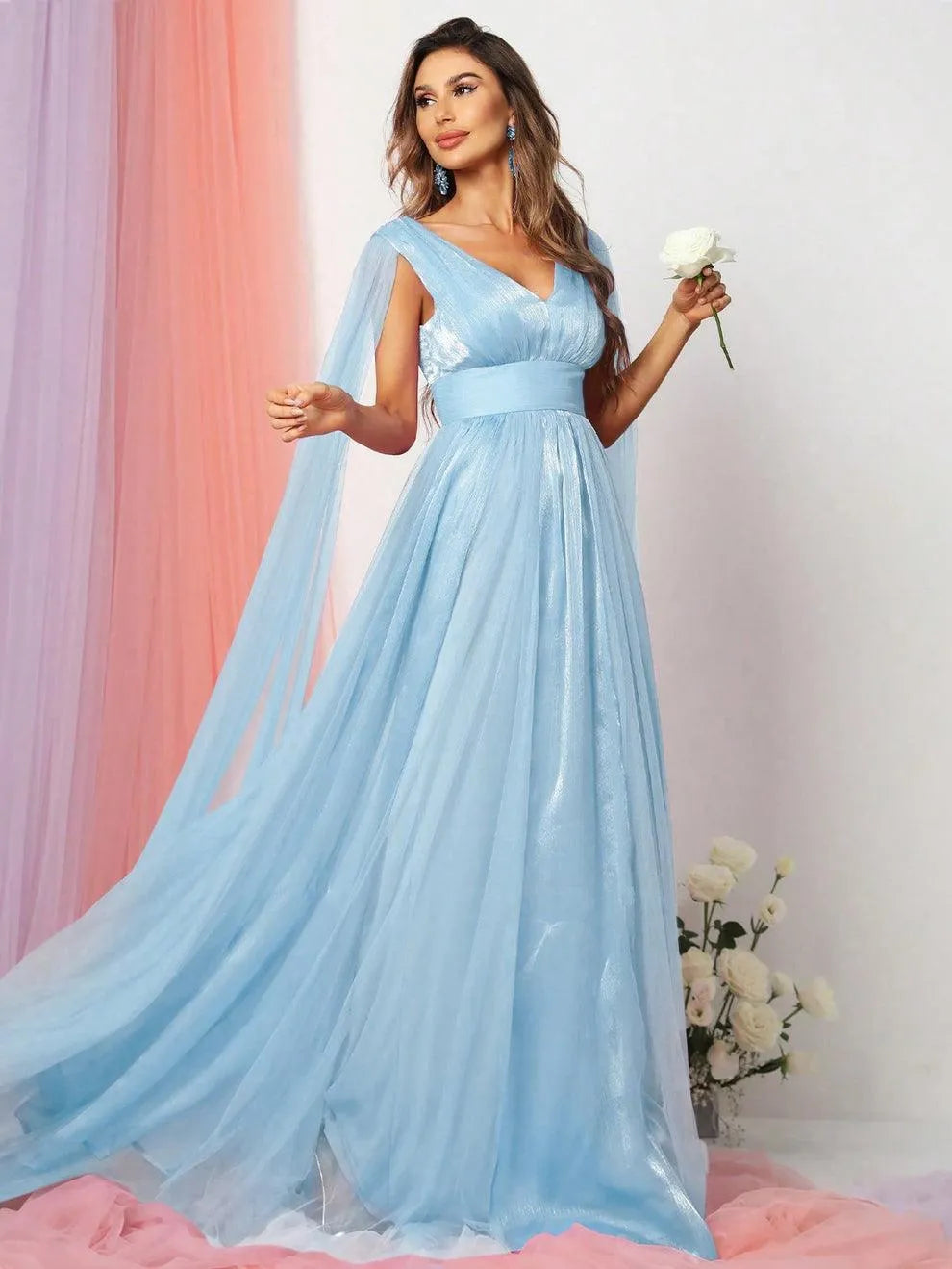 Plunging Neck A Line Bridesmaid dress With Cape - Elonnashop