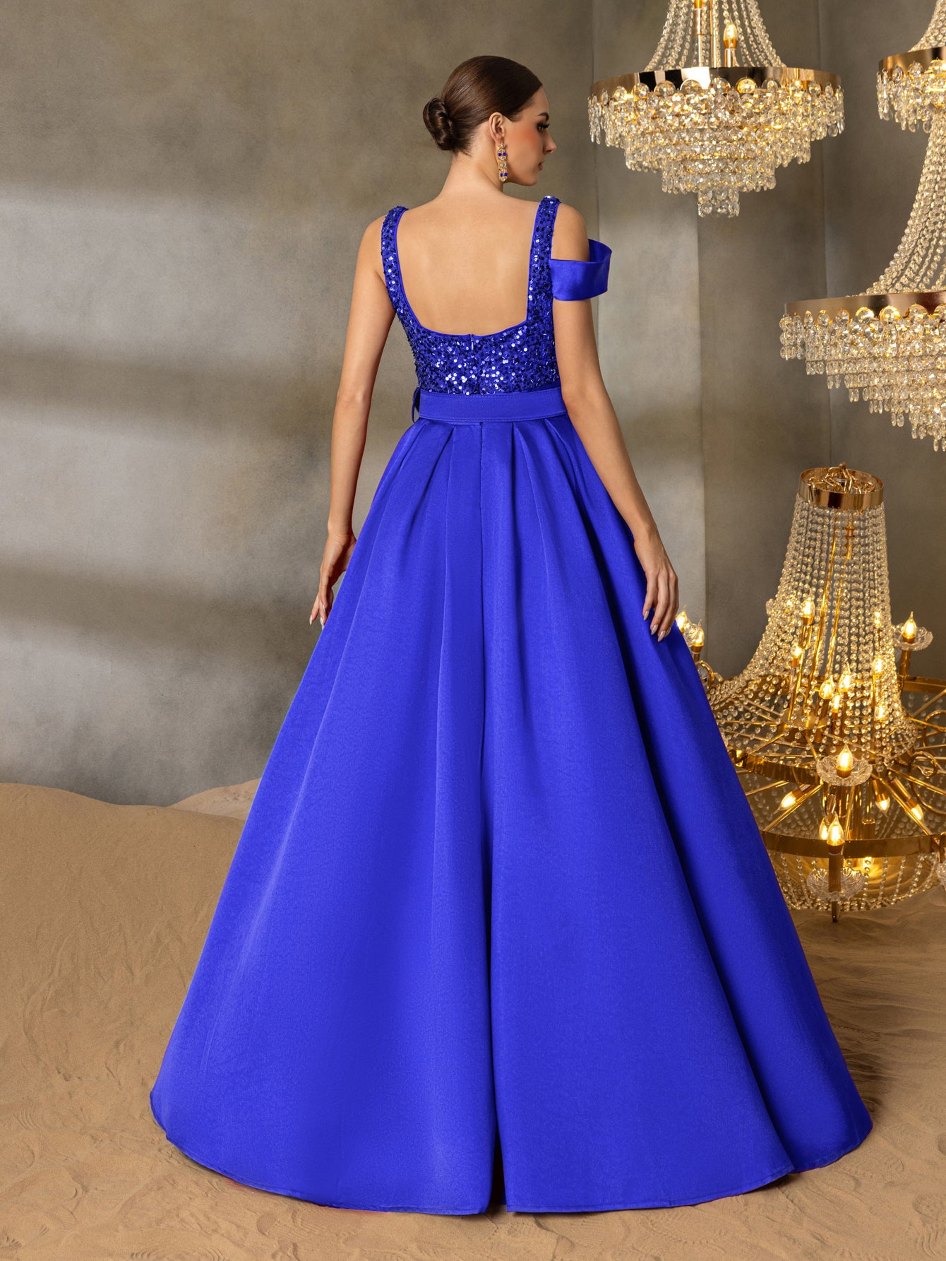 Elegant Square Collar Buckle Belted Split Satin Prom Dress