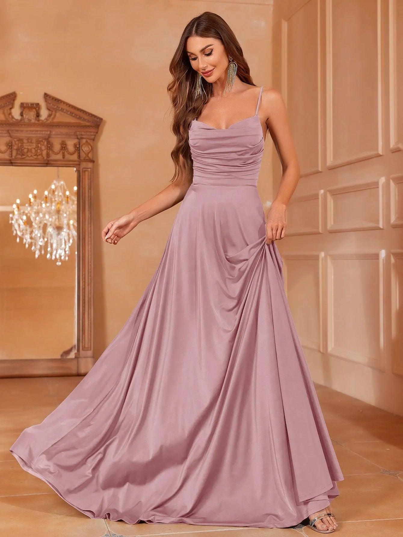 Elegant Ruched Draped Collar Cami Bridesmaid Dress - Elonnashop