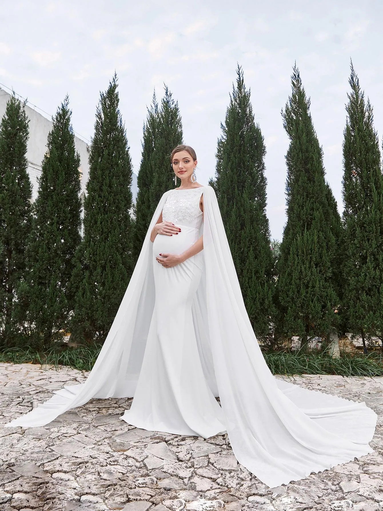 Maternity Mermaid Hem Cape Formal Wedding Dress - Elonnashop