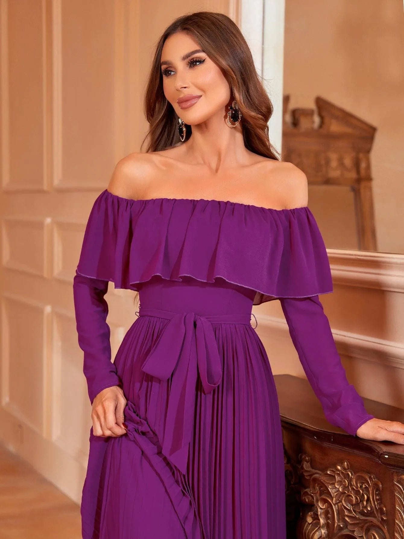 Off Shoulder Pleated Chiffon Belted Dress - Elonnashop