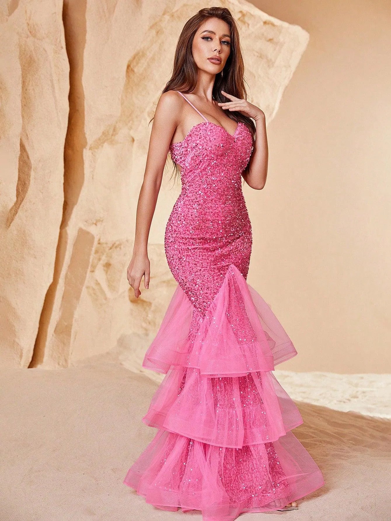 Spaghetti Strap Back Cut Out Sequin Mermaid Dress - Elonnashop