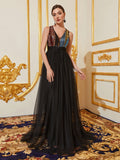 Elegant Sequin Bodice Contrast Mesh Hem Evening Dress