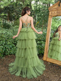 Gorgeous Floral Bodice Contrast Cascading Ruffle Hem Tulle Prom Cami Dress - Elonnashop